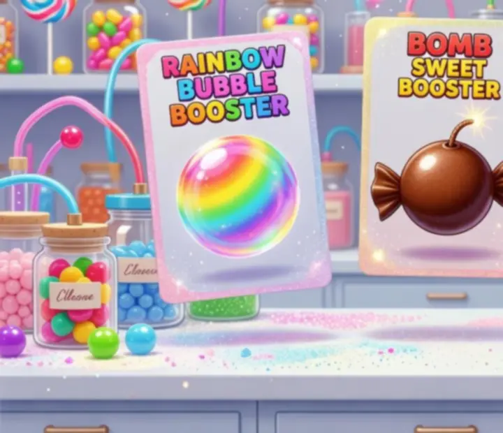 Laboratoire de bonbons colorés présentant différents boosters de Bubble Sweet
