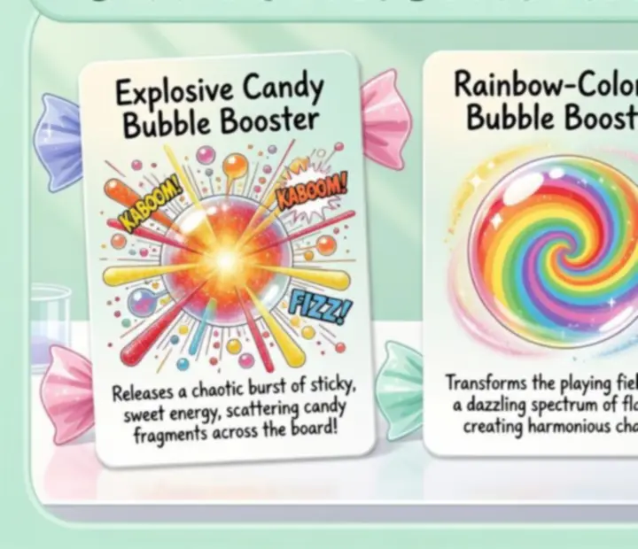 Fiches laboratoire illustrant différents boosters sucrés dans Bubble Sweet