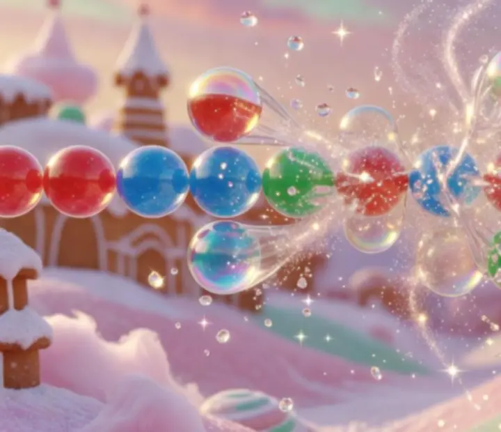 Capture illustrée montrant des bulles de même couleur qui s'assemblent et explosent dans Bubble Sweet