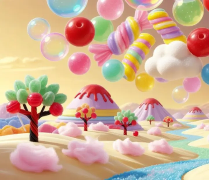 Illustration héroïque d'une bulle-bonbon brillante dans le royaume de bonbons