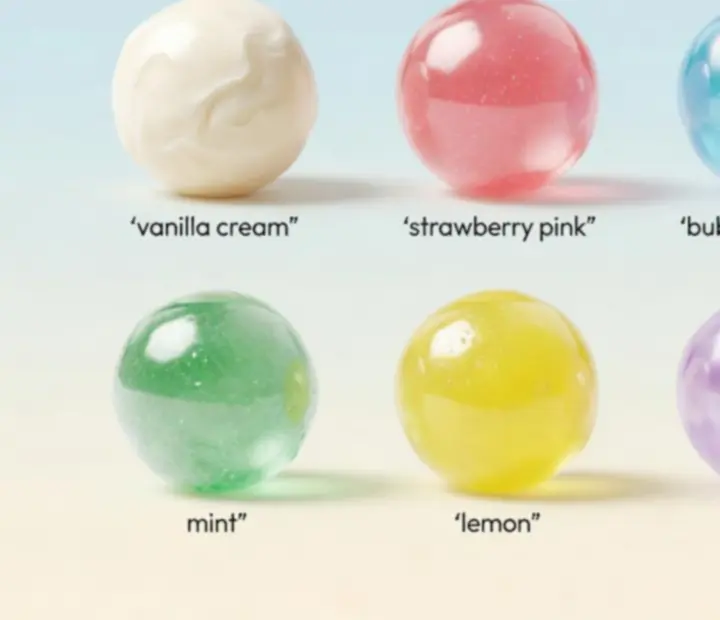 Catalogue illustré de bulles colorées dans des tons vanille, fraise, bubblegum, menthe, citron, lavande et cerise dans un décor de bonbons