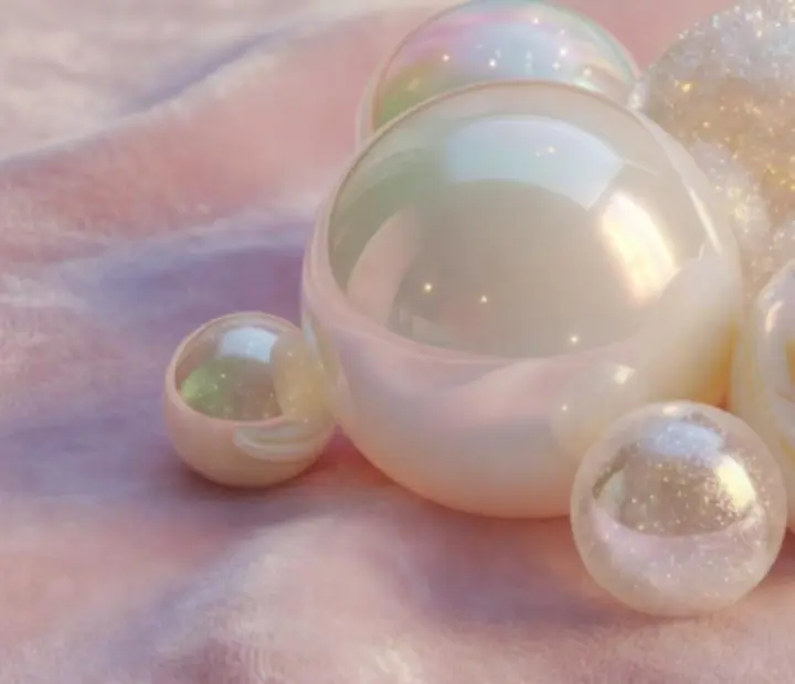 Bulles de Bubble Sweet avec des effets glossy et des reflets lumineux dans un décor de bonbons
