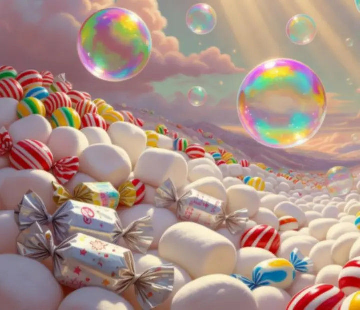 Bulles magiques colorées flottant dans une vallée de sucreries