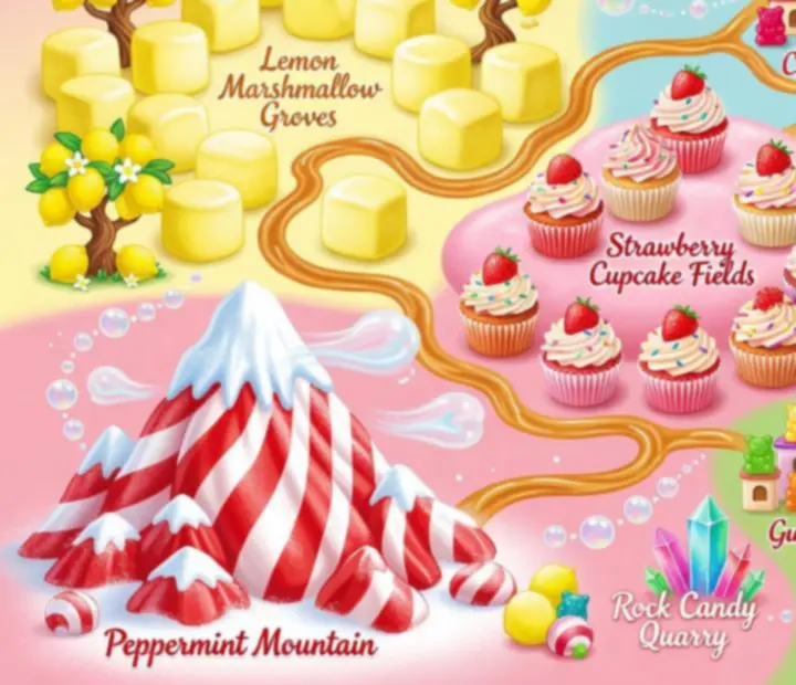 Carte illustrée du royaume de bonbons montrant la progression des niveaux