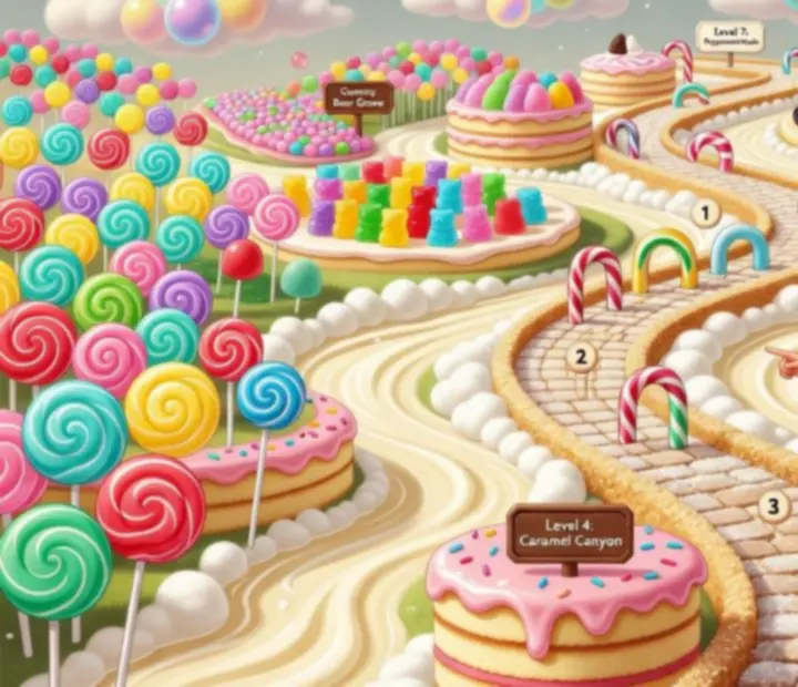Carte illustrée du royaume de bonbons montrant le parcours des 500+ niveaux de Bubble Sweet