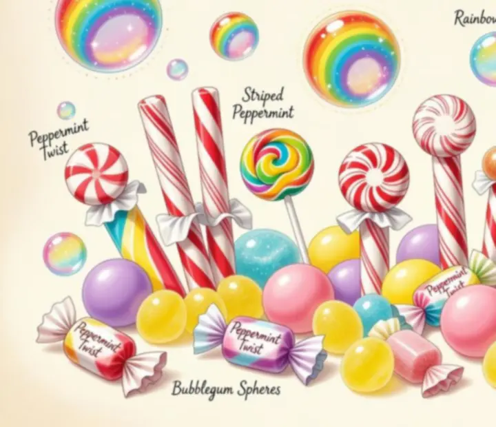 Catalogue illustré de bulles colorées et de bonbons dans un univers de confiseries