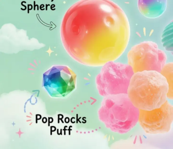 Guide visuel des bulles de Bubble Sweet montrant différentes formes, motifs et reflets