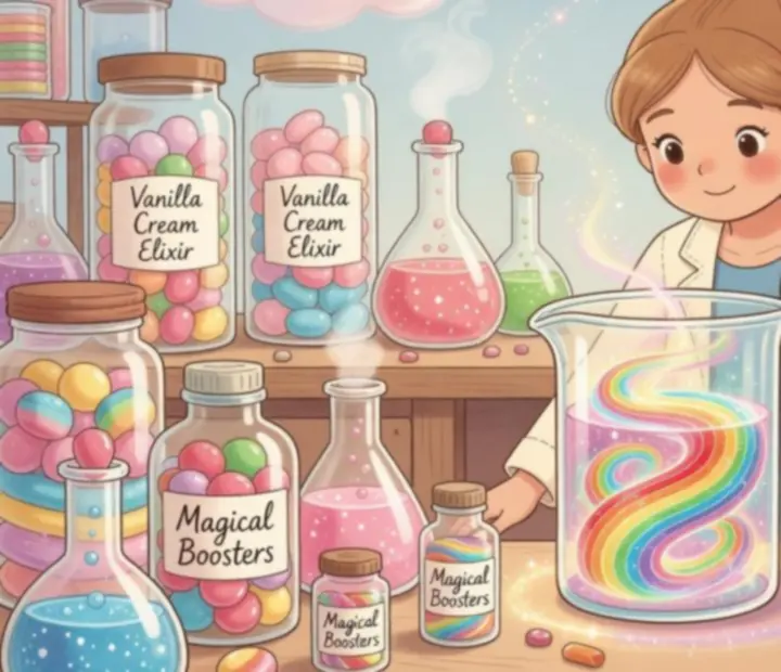 Laboratoire de boosters sucrés avec fioles colorées et Mme Emma