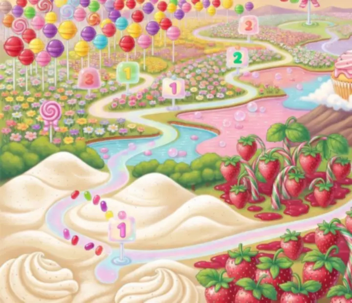Grande carte illustrée du royaume de bonbons montrant la progression à travers plus de 500 niveaux