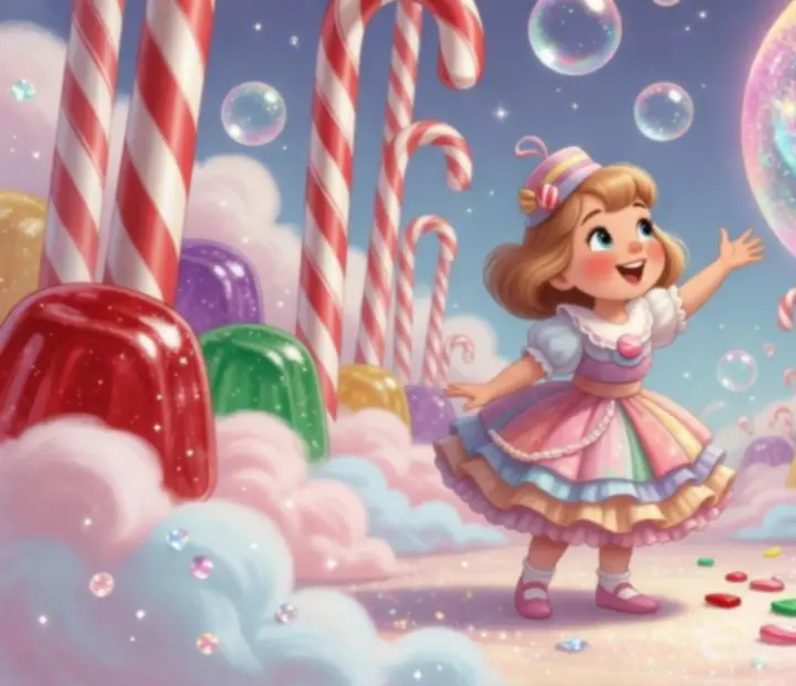 Mme Emma dans un paysage de bonbons, entourée de bulles colorées