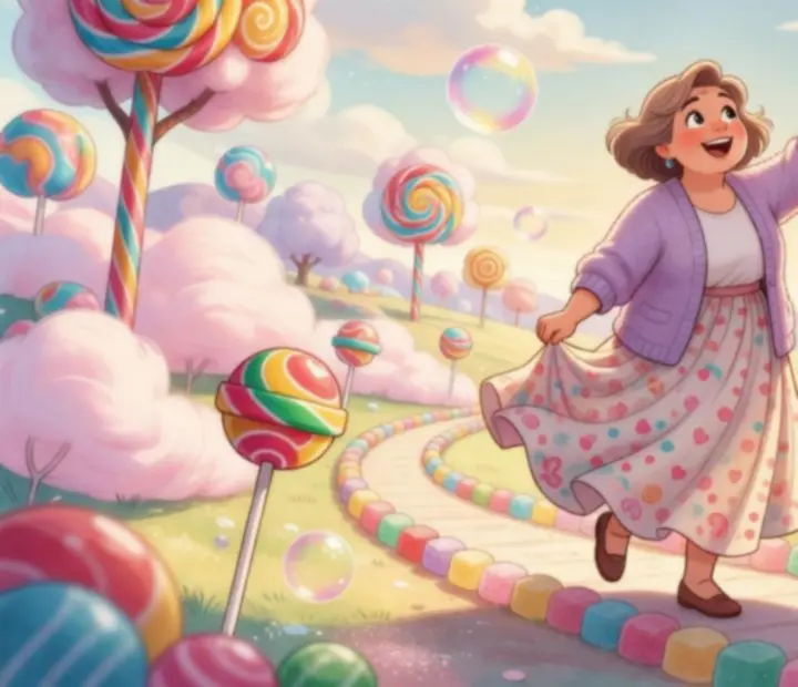 Mme Emma explorant un paysage de bonbons et de bulles colorées