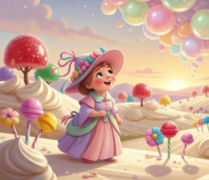 Illustration de Mme Emma arrivant dans un paysage de bonbons colorés