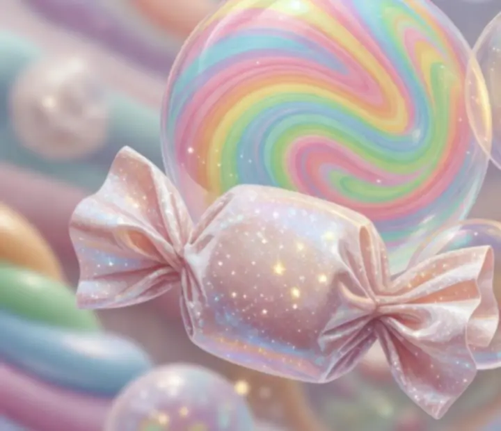 Gros plan sur des bulles spéciales entourées de bonbons colorés
