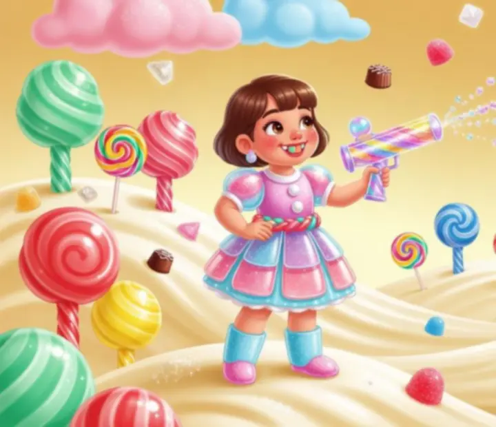 Mme Emma visant un groupe de bulles colorées au-dessus d'un paysage de bonbons