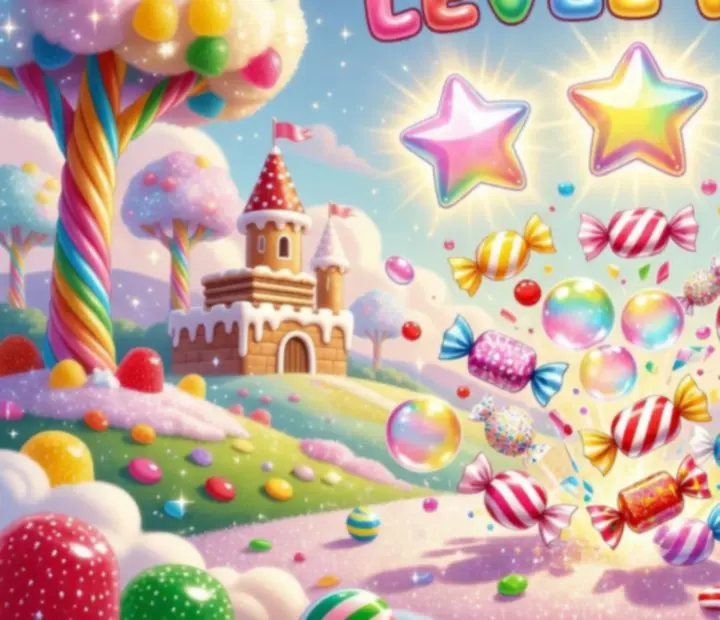 Écran de score avec trois étoiles dorées dans un décor de bonbons