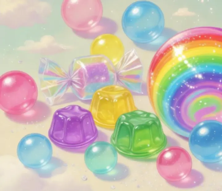 Illustration de différentes bulles et bonbons rencontrés dans les niveaux de Bubble Sweet